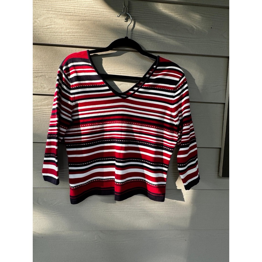 Vintage Talbots Striped Knit Top Small Red White Black V-Neck 90s Preppy
